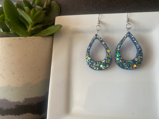 Open Teardrop Dark Blue Sparkle Earrings