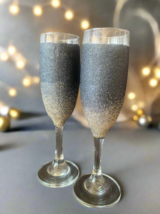 Black and Gold Glittered Champagne Glasses