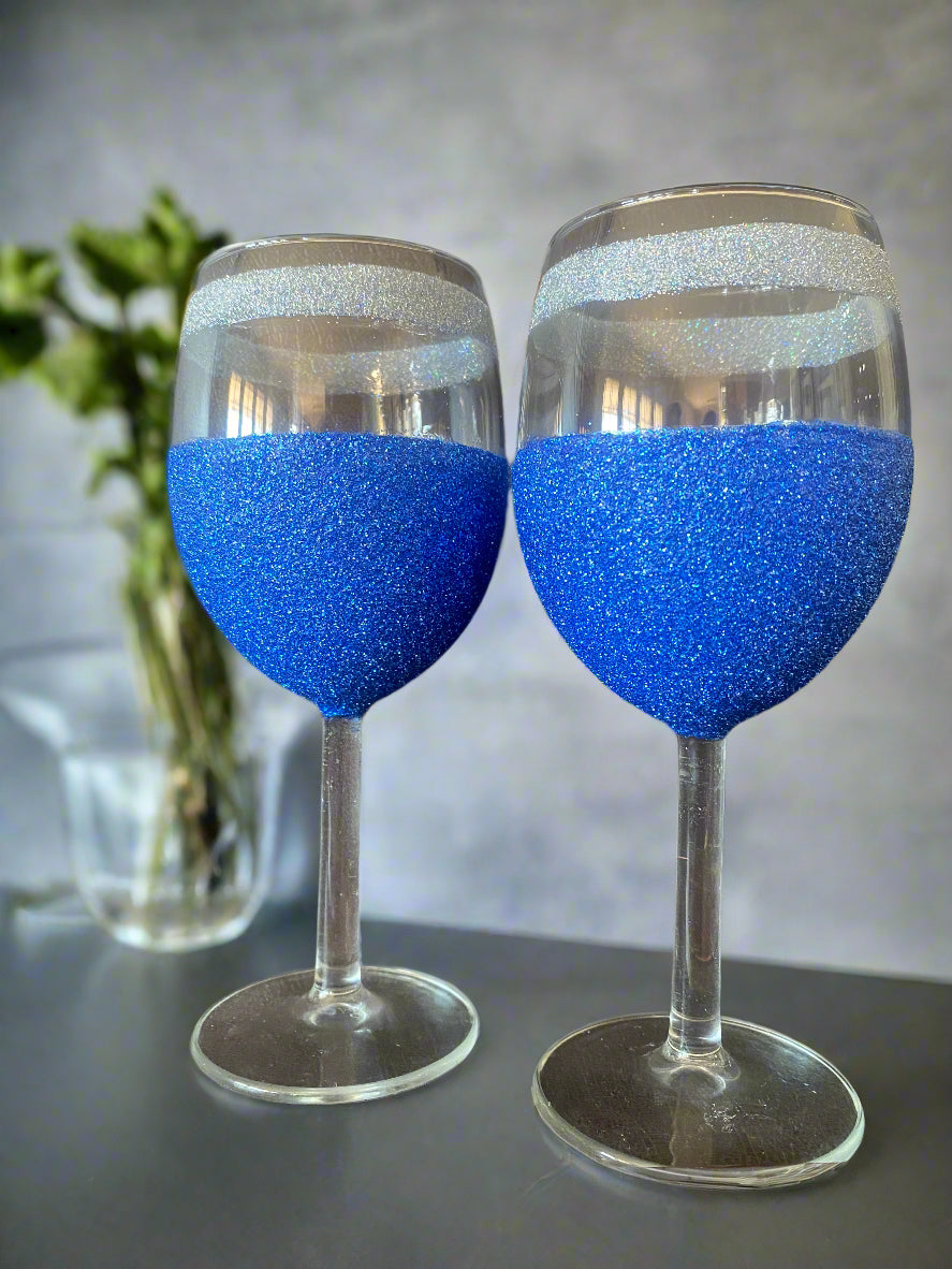 Personalized Blue and Holographic Silver Glittered Wine Glasses