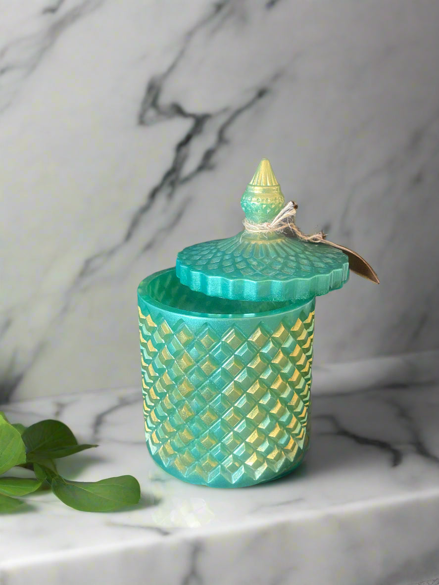 Green and Gold Vanity Jar with Lid